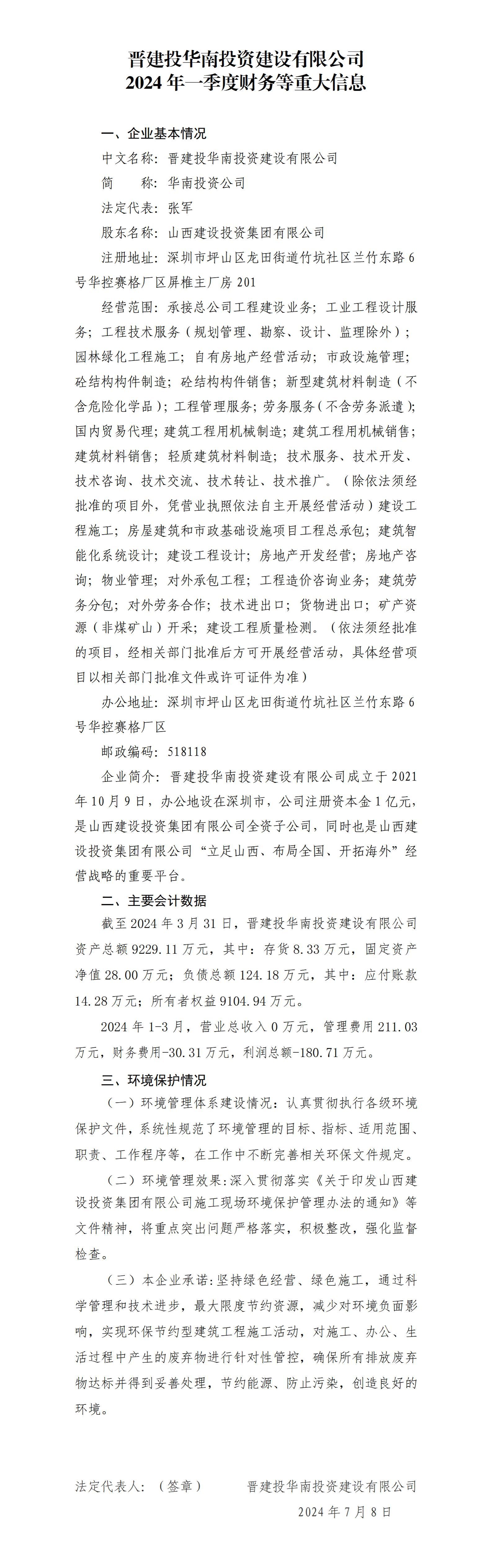 ����Ͷ����Ͷ��������ʱ���޹�˾2024��һ���Ȳ�����ش���Ϣ