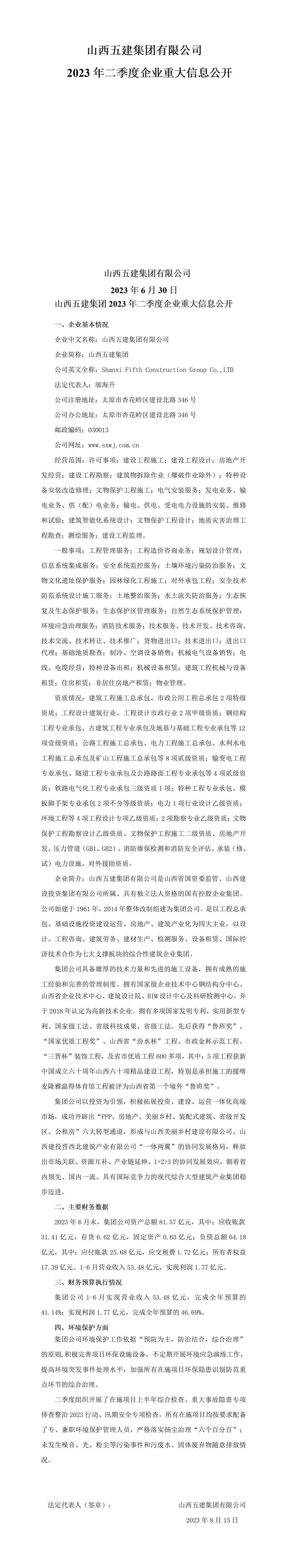 ɽ���彨�������޹�˾2023���������ҵ�ش���Ϣ����