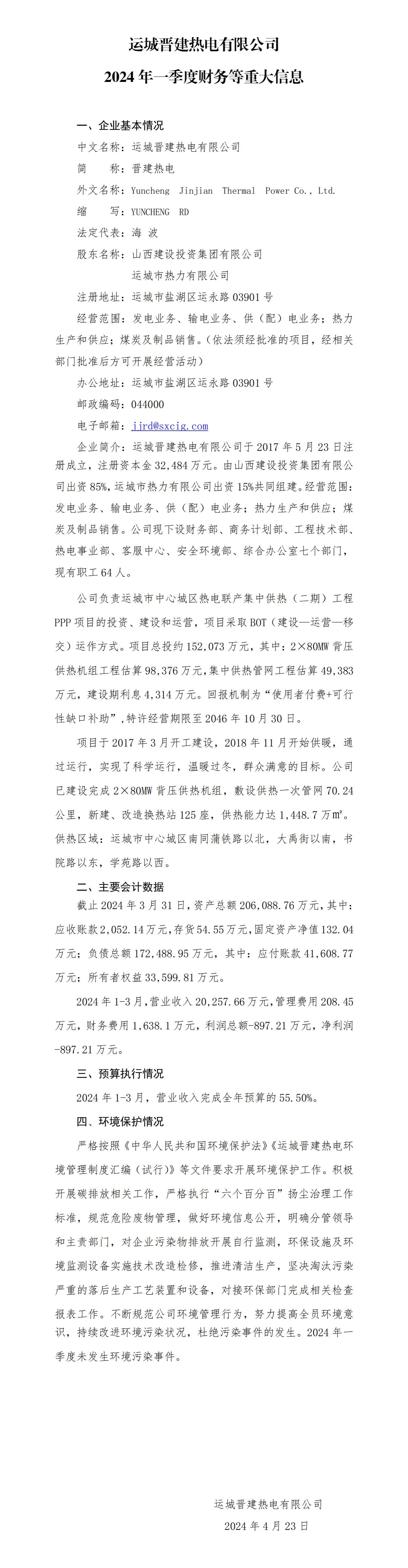 �˳ǽ����ȵ����޹�˾2024��һ���Ȳ�����ش���Ϣ